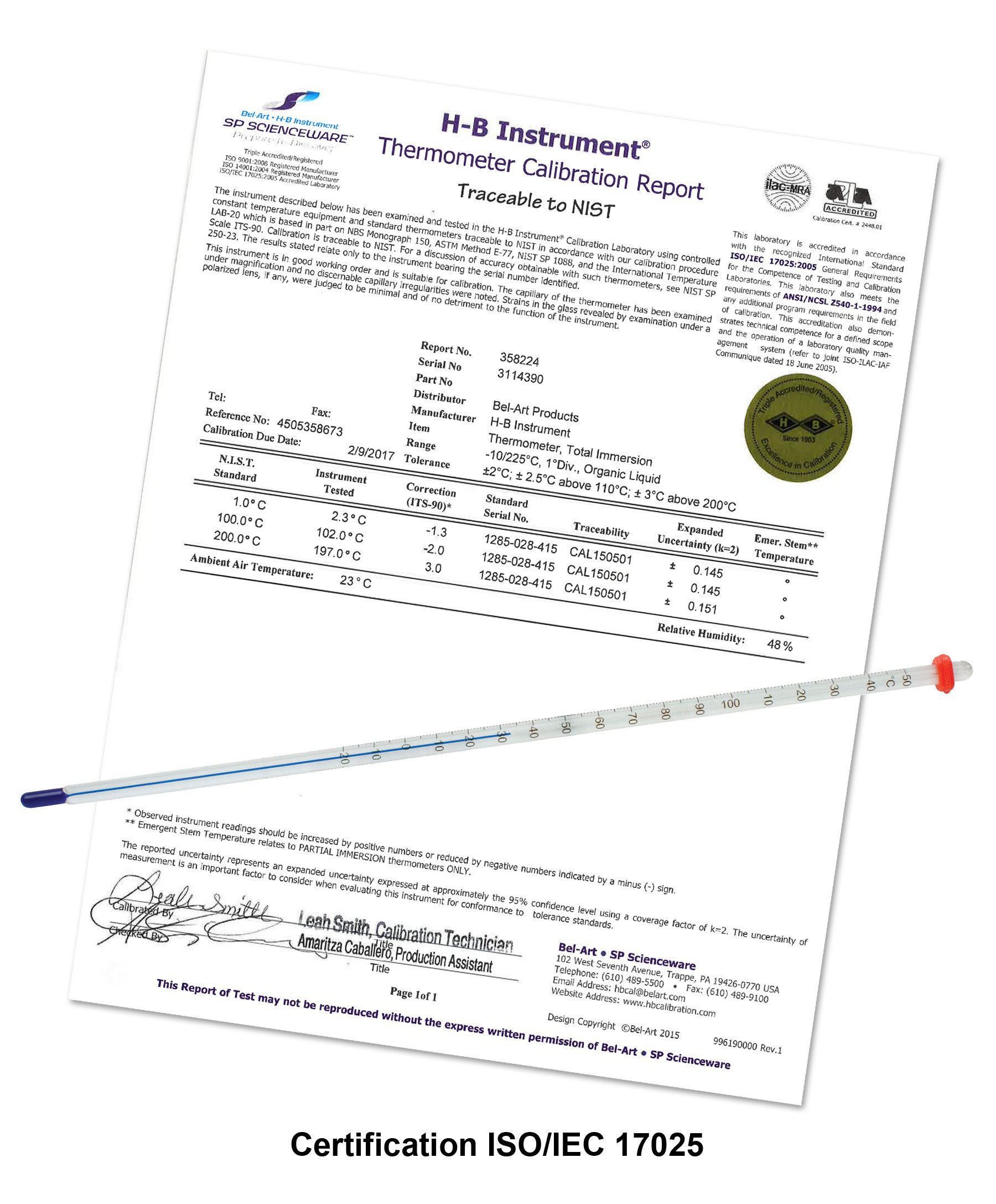 H-B DURAC Plus Calibrated Liquid-In-Glass Thermometer; -1 to 201C, Total Immersion, Organic Liquid Fill