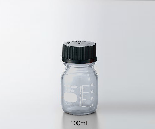 Glass laboratory bottle 100ml, c/w black screw cap and pouring ring